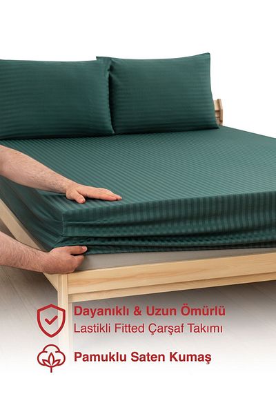 MODELHOME Emerald Green Colored Double Cotton Striped Satin Elastic Sheet Set