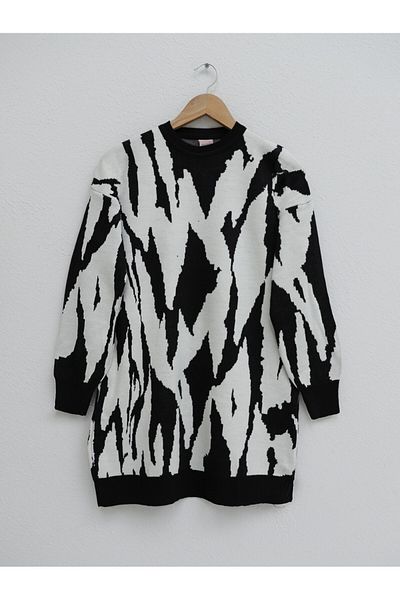 Modamorfo Crew Neck Patterned Knitwear Tunic - Black