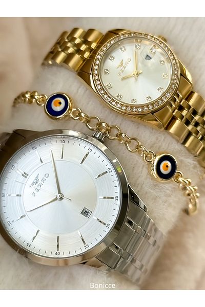 FERRO Brand Silver Color Steel Cord Lover Couple with Calendar Wristwatches+Bracelet