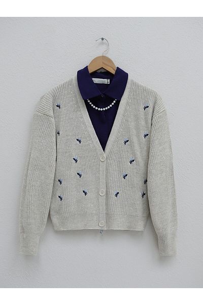 Modamorfo Three Button Embroidered Waist Cardigan - Stone
