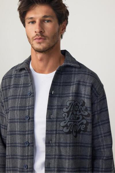 Tudors Relax Fit Uzun Kollu Kareli Baskılı Fleto Cep Salaş Kışlık Oduncu Gri-füme Erkek Gömlek