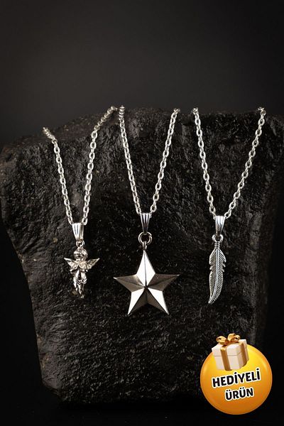 Piercing Market Steel & Silver Set of 3 Combination Necklace Angel Star and Crochet Design Gift Necklace Set