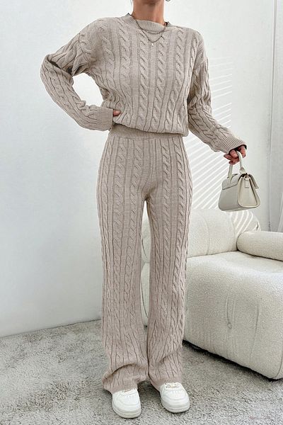 Miss Poem Women's Winter Long Hijab Basic Bottom-Top Beige Knitwear Set