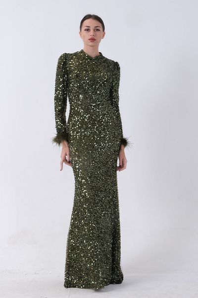 Feminist Khaki Hijab Evening Dress - Sequins and Feather Detail 6502490