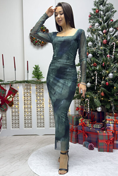 zks grup tekstil Φόρεμα Τυρκουάζ Lycra Tie Dye με μακρυμάνικο φόρεμα σε μεγάλο μέγεθος - τετράγωνο γιακά