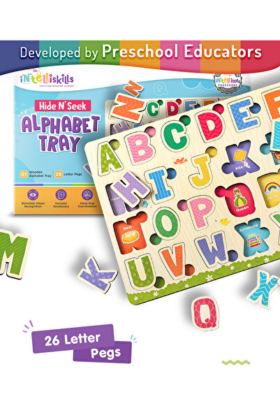 Intelliskills صينية أحجية الأبجدية Hide N Seek للأعمار من 3 سنوات فما فوق، مكونة من 26 قطعة من أوتاد التعلم