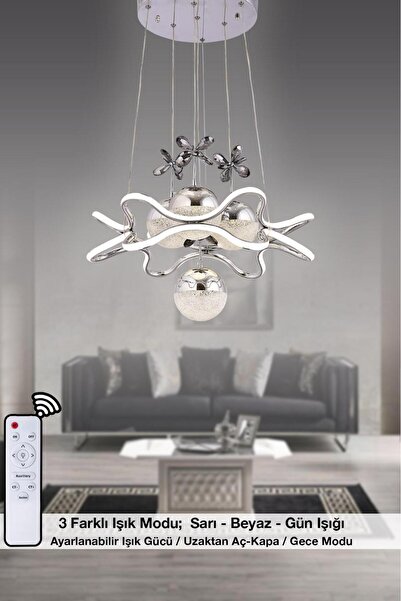 HİRALUCE King 3 Renk Kumandalı Ve Dimmerli Krom ( Sarı Beyaz Ve Gün Işığı ) Luxury Led Kristal Taşlı Avize