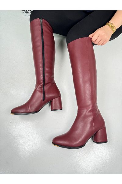Nstil Γυναικείες μπότες Claret Red με ψηλό τακούνι και φερμουάρ 3001 - Άνετη οδοντωτή σόλα κάτω από το γόνατο