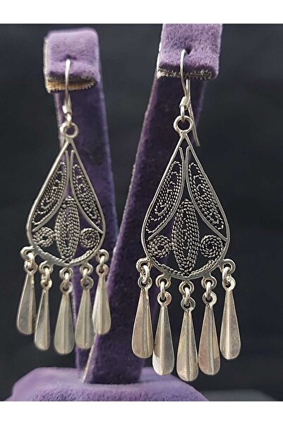 sarıyer silver Telkari Damla Modeli Saçaklı İşlemeli 925 Ayar Gümüş Sallantılı Küpe
