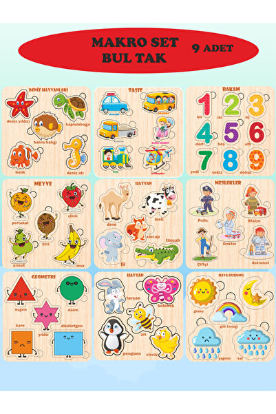ASE DİZAYN ahşap eğitici puzzle Bul-Tak 9 adet makro set