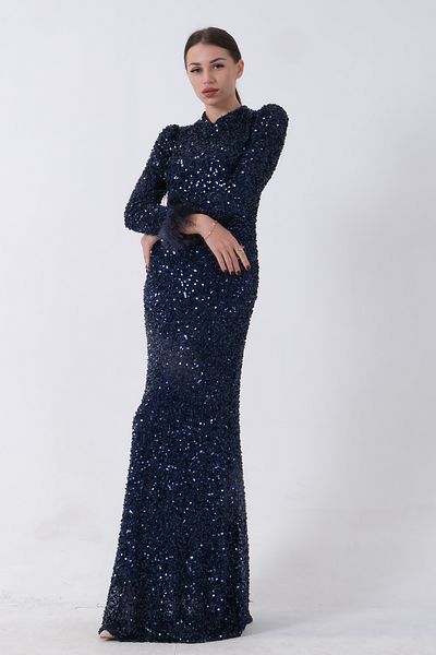 Feminist Sequined and Feather Detailed Hijab Evening Dress Navy Blue 6502490