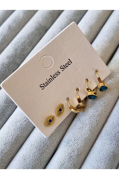 Brassito Women's Steel Earrings 6 Pcs Blue Stone Model Gold Color 316 L Sterling Steel Earrings