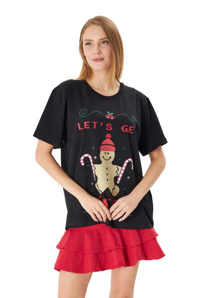 Comencero Kadın Siyah T-shirt Pamuk Likra Kompakt Kumaş