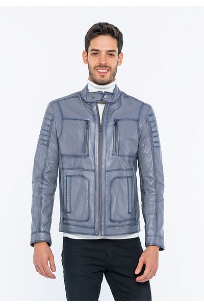 Basics&More Men's Zipper Detailed Gray Leather Jacket