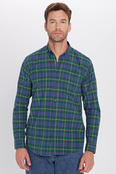 Tudors Erkek Regular Fit Klasik Kesim Pamuklu Tek Cepli Kareli Düğmeli Yaka Gömlek