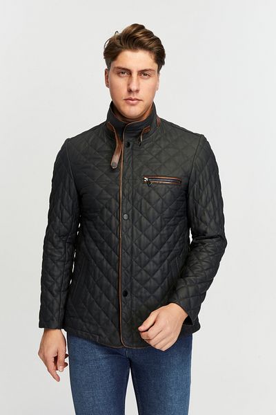 KENT Jan Men's Genuine Leather Navy Blue Taffeta Coat