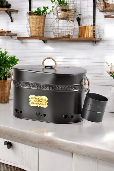Milenay Oval Metal Potato Onion Garlic Bucket, Kitchen Organizer with 2 Compartment Design and Garlic Chamber