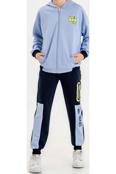 İrem Çocuk Giyim Boy's Level up Text Patterned Zipper Closure Hooded Zipper Detail Light Blue Tracksuit Set