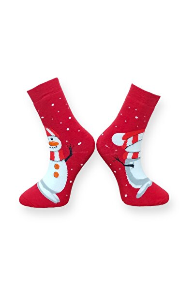 Mevo Single Red Color Unisex Flexible Moisturizing Cotton Christmas Patterned Towel Socks