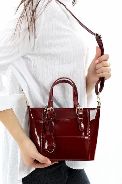 ÇANTA Torime Patent Leather Burgundy Leather Medium Size Women's Shoulder Hand and Cross Women's Zippered Inner Lining