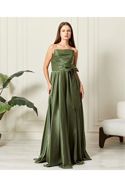 MODA parlak saten straptez abiye