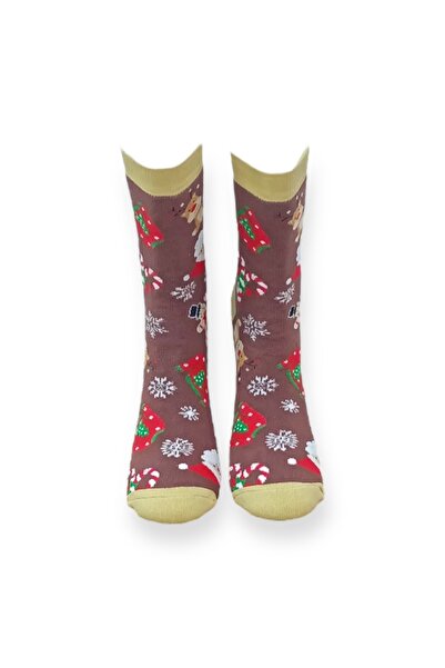 Mevo Single Brown Color Unisex Flexible Moisturizing Cotton Christmas Patterned Towel Socks