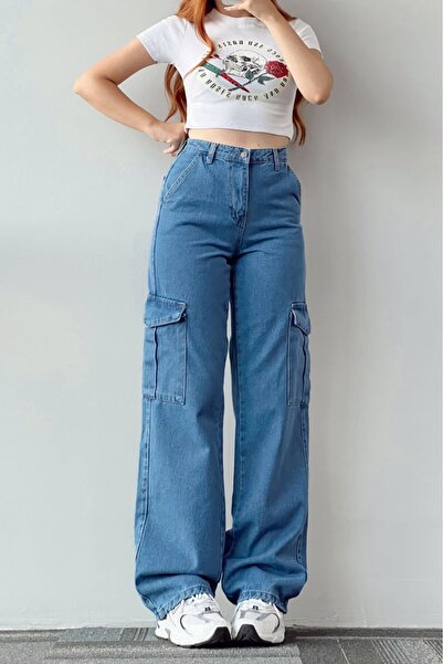 Trn JNS Mid Blue Wash Blue Cargo Loose Back Pocketless Lycra Super High Waist Jean Pants