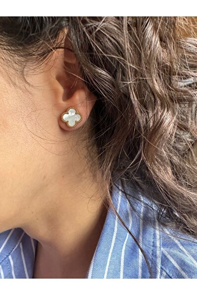 MITH SB TAKI Paslanmaz Çelik Beyaz Mineli  Yonca Küpe - Gold Renk Atmaz Garan...