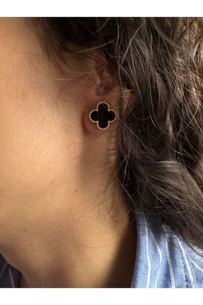 MITH SB TAKI Stainless Steel Black Enamel Clover Earrings - Gold
