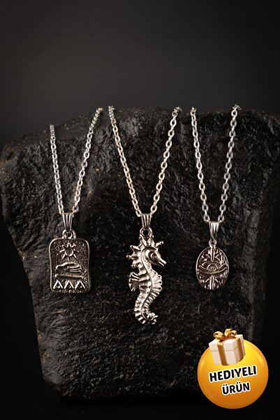Piercing Market Steel & Silver 3 Lü Set Kombin Kolye Madalyon Denizatı Ve Mıs...