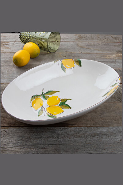 Bev Kitchen Limon Desen El Yapımı Organik Oval Salata Kase 35 Cm