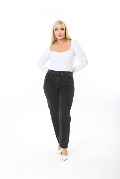 ASSO MOM FIT JEAN مقاس كبير، سروال عالي الخصر وضيق وقابل للتمدد