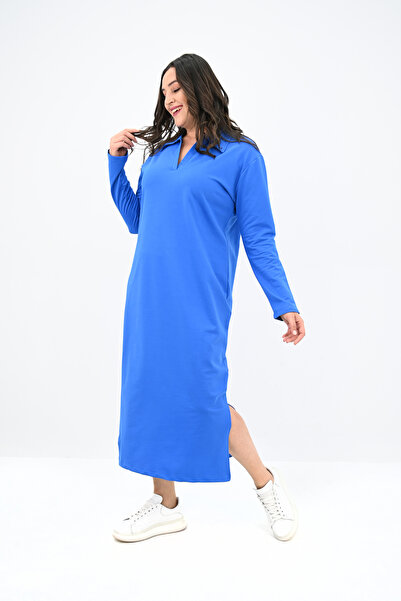 Koza Butik Women's Plus Size Long Sleeve Collar Detail Dress 5283-25