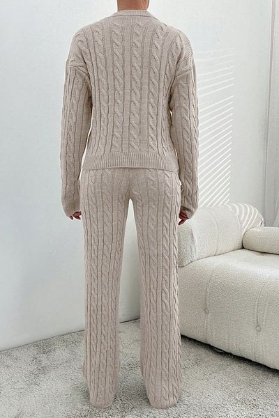 Miss Poem Women's Winter Long Hijab Basic Bottom-Top Beige Knitwear Set