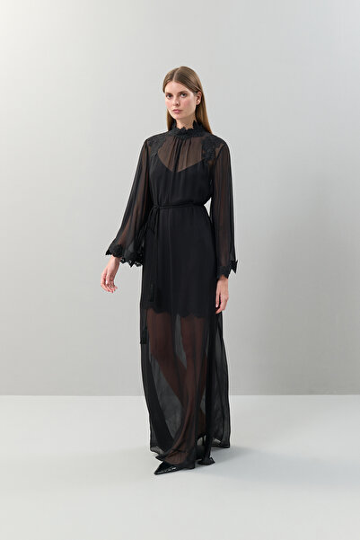 Roman Dantel Detaylı İspanyol Kol Şifon Elbise Siyah K2511319_001