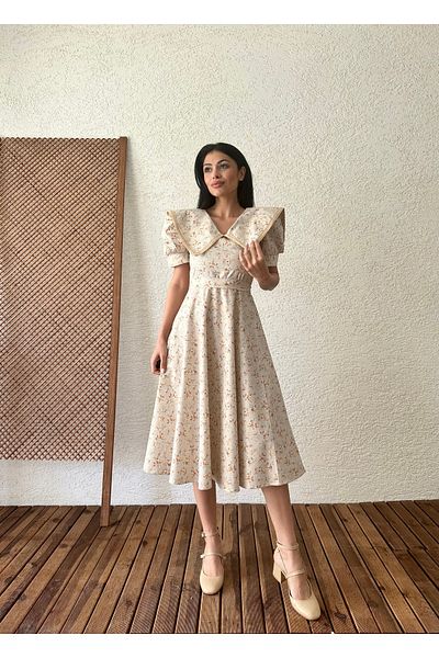KÜÇÜĞÜM BUTİK Κρεμ-καφέ Floral print Vintage Flared φόρεμα - Μεγάλος γιακάς