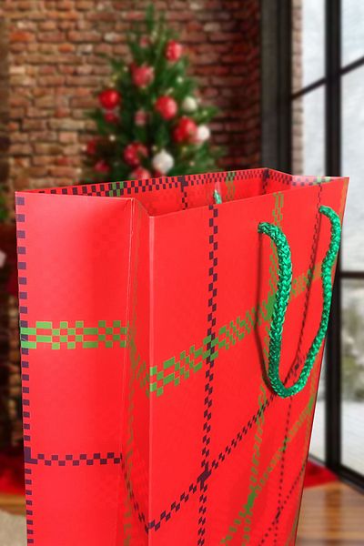 Balkan 25 Pieces Drawstring Cardboard Red Patterned Bag 36X25X9Cm Gusseted Bristol Christmas Gift