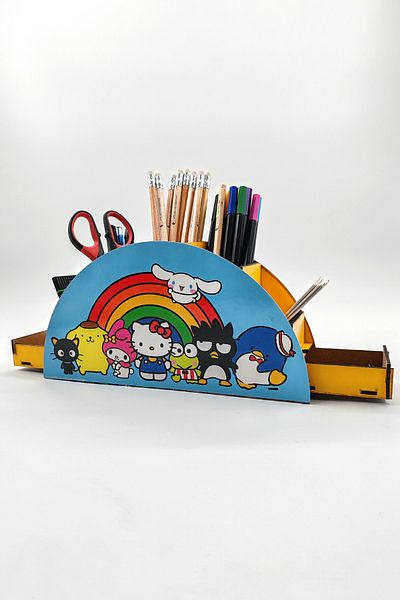 Vagonik Hello Kitty Organizator decorativ din lemn pentru pix cu 7 ochi, cu sertar