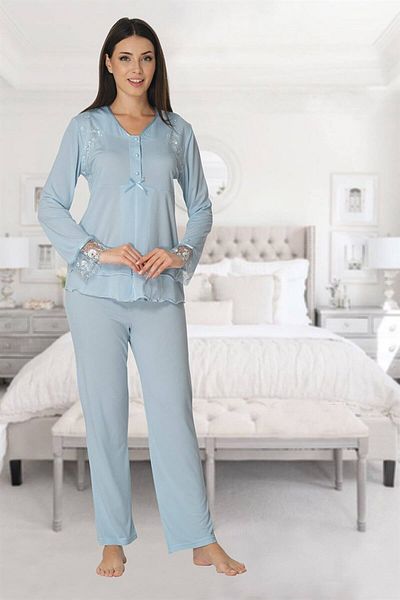Pelin Set de pijamale de maternitate pentru femei, albastru, cu mâneci lungi