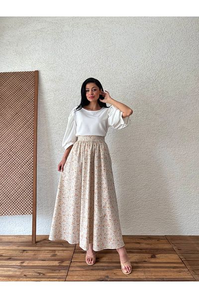 KÜÇÜĞÜM BUTİK Fusta din popelin cu flori maro crem