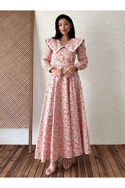 KÜÇÜĞÜM BUTİK Φόρεμα σε πούδρα Vintage Floral Print Μακρύ Φαρδύ Φόρεμα - Μεγάλος Γιακάς