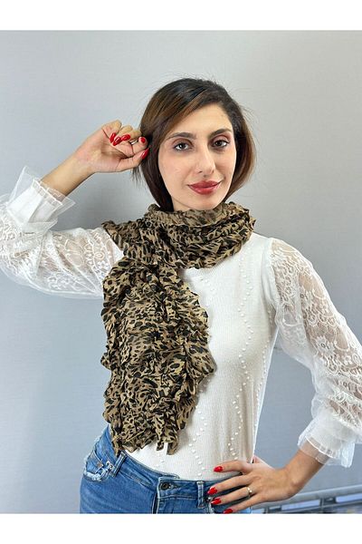 Gönülden Tasarım ДАМСКИ ШАЛ С ЛЕОПАРДОВ ПРИНТ, ЕЛАСТИЧЕН, 140X40 СМ, КАФЯВ