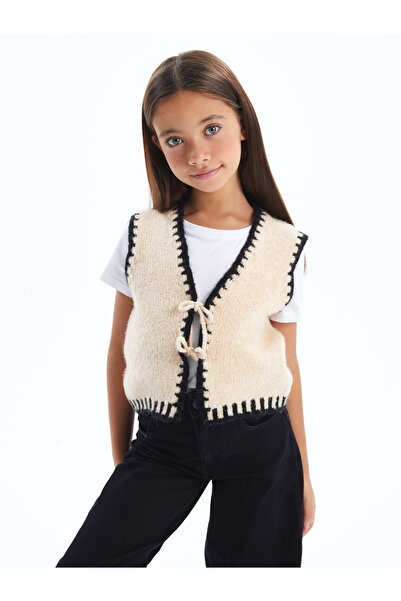 Dexia Tipping Vest - Önü Fiyonk Detaylı Triko Yelek - Ekru-siyah Renk