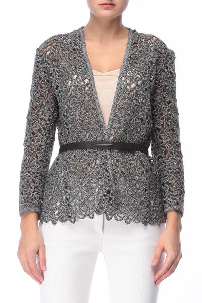 Escada Dantelli Kemerli Önü Açık Füme Yünlü Ceket