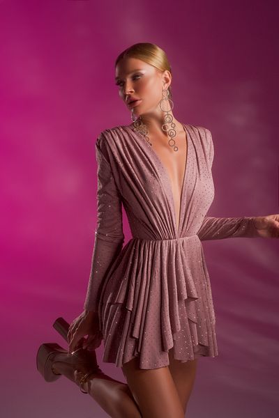 Gira Μίνι φόρεμα Dusty Rose Stone με λεπτομέρεια V λαιμόκοψη