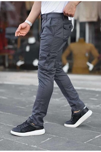 daniel milano Men's Anthracite Linen Cargo Pants with Bellows Pockets and Ribbed Detail