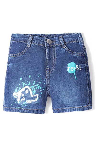 Bonfino Cotton Knee Length Denim Washed Shorts with Dino & Text Print - Blue