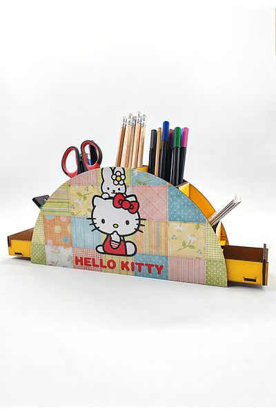 Vagonik Hello Kitty Organizator decorativ din lemn pentru pix cu 7 ochi, cu sertar
