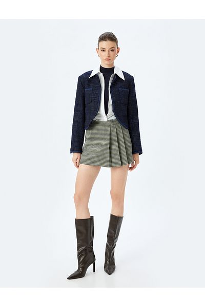 Koton Piping Round Neck Crop Tweed Jacket