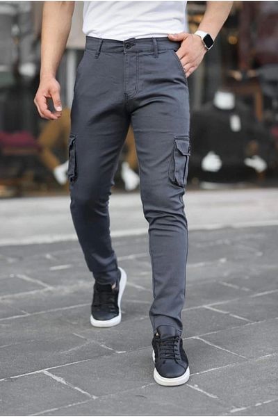 daniel milano Men's Anthracite Linen Cargo Pants with Bellows Pockets and Ribbed Detail